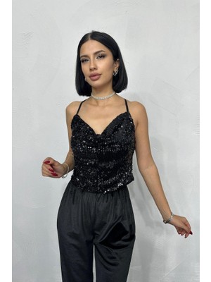 Başak Collection Siyah Askılı Degaje Bluz