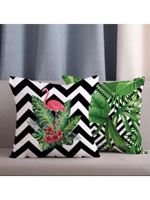 Alkan Homes 2 Li Kombin Flamingo ve Tropikal Yaprak Desenli Dijital Baskılı Kırlent Kılıfı