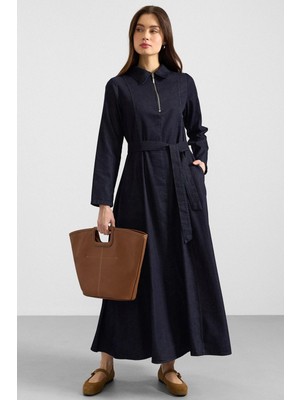 Olcay Gömlek Yaka Fermuar Detaylı Kloş Denim Elbise Lacivert 9389-E