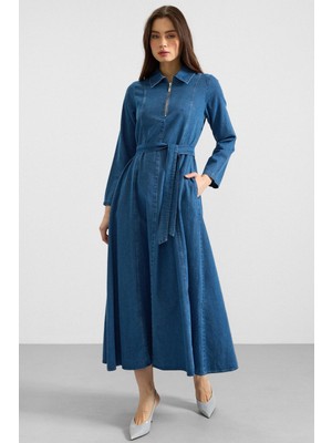 Olcay Gömlek Yaka Fermuar Detaylı Kloş Denim Elbise Mavi 9389-E