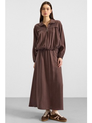 Olcay Fermuar Kapamalı Soft Kumaş Etek Ceket Takım Kahve 9390-TK