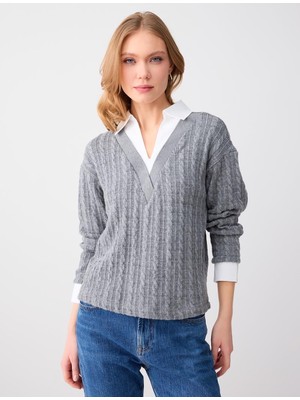 Jimmy Key Gri Melanj Gömlek Yaka Yumuşak Dokulu Saç Örgü Desenli Kazak