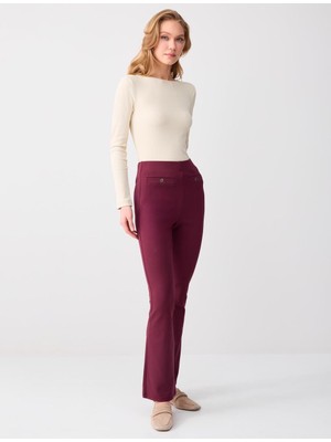 Jimmy Key Bordo Bol Paça Yüksek Bel Dar Kesim Örme Pantolon