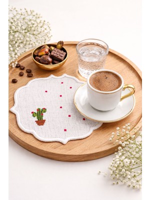 Mile Concept Kaktüs Desen Etamin Işlemeli Keten Kumaş Kahve Yanı Kokteyl Sunum Peçetesi/ Bardak Altlığı 6 Adet