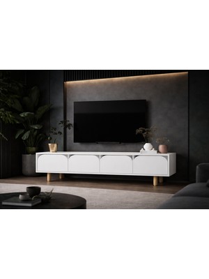 VM VERTEX MOBİLYA Lazio Bohem Ahşap Ayaklı Tv Ünitesi Tv Sehpası Beyaz