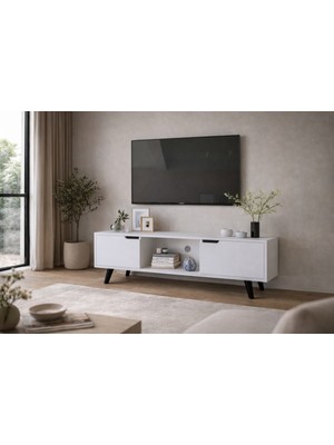 VM VERTEX MOBİLYA Siena Ahşap Ayaklı Tv Ünitesi Beyaz Televizyon Konsolu 140  cm  Ekonomik Modül Seh