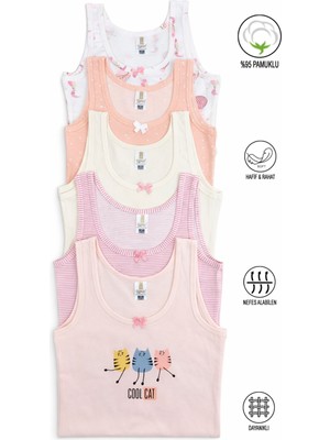 Özkan 41600 5'li Paket Kız Çocuk Karışık Renkli Desenli Pamuklu Yumuşak Rahat Kalın Askılı Atlet