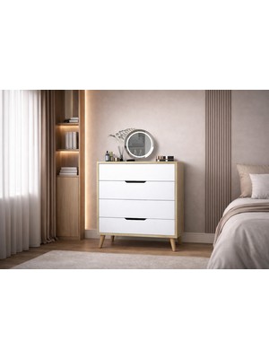 VM VERTEX MOBİLYA Flora Şifonyer 4 Çekmeceli Yatak Odası Bebek Odası Safir Meşe-Beyaz