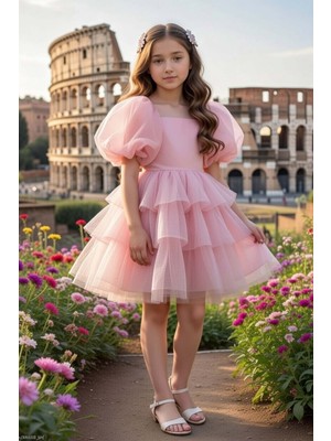 Riccotarz Kız Çocuk Kare Yaka Üzeri Kat Kat Pliseli Balon Kollu Kabarık Somon Abiye