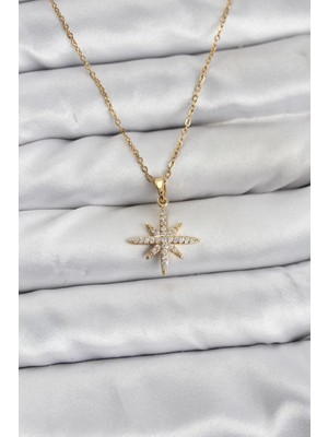 Marsilyan 316L Çelik Zincir Gold Renk Kutup Yıldızı Model Zirkon Taşlı Kadın Kolye - TJ-BKO10839