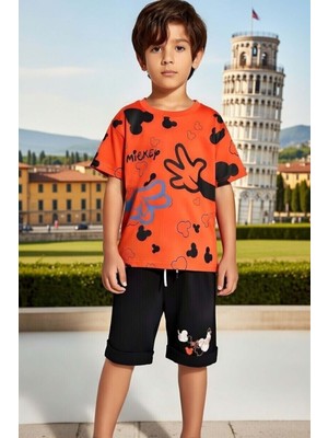 Riccotarz Erkek Çocuk Bisiklet Yaka Üzeri El ve Ayıcık Baskılı Turuncu Şortlu Takım