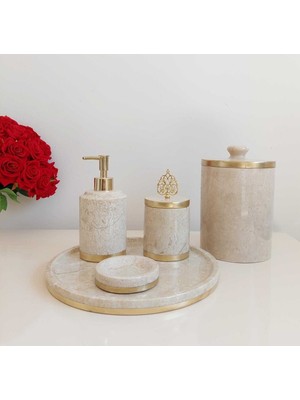 UltraMint Doğal Bej Mermer Banyo Seti 5'li, Gold Detaylar, Şıklık ve Zarafet