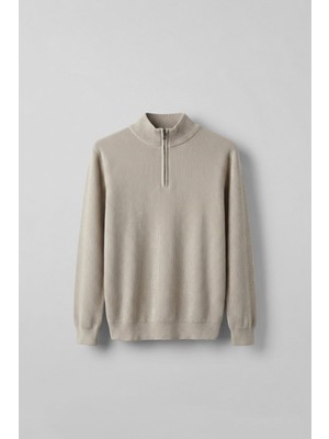 Abluka Online Erkek Regular Fit Fermuarlı Premium Kumaş Kazak Bej