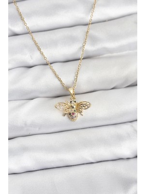 Marsilyan 316L Çelik Zincir Gold Renk Sinek Model Zirkon Taşlı Kadın Kolye - TJ-BKO10875