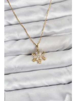Marsilyan 316L Çelik Zincir Gold Renk Kar Tanesi Model Zirkon Taşlı Kadın Kolye - TJ-BKO10831