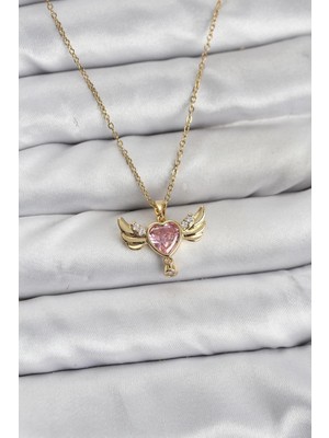 Marsilyan 316L Çelik Zincir Gold Renk Kanatlı Kalp Model Zirkon Taşlı Kadın Kolye - TJ-BKO10837