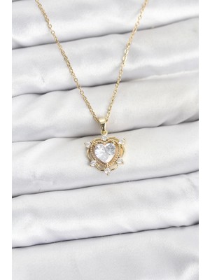 Marsilyan 316L Çelik Zincir Gold Renk Kalp Model Zirkon Taşlı Kadın Kolye - TJ-BKO10883