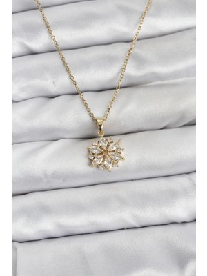 Marsilyan 316L Çelik Zincir Gold Renk Lotus Model Zirkon Taşlı Kadın Kolye - TJ-BKO10835