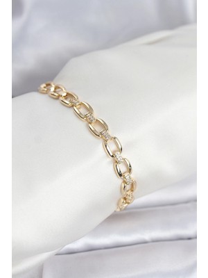 Marsilyan Pirinç Gold Renk Vıp Seri Zincir Model Zirkon Taşlı Kadın Bileklik - TJ-BB8274