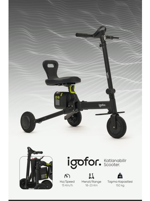 Igofor 3 Tekerlekli Katlanabilir Elektrikli Oturulabilir Scooter – Hafif, Taşınabilir, Uzun Menzilli - Siyah