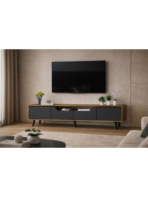 VM VERTEX MOBİLYA Roma Ahşap Ayaklı Tv Ünitesi Tv Sehpası Ceviz-Antrasit