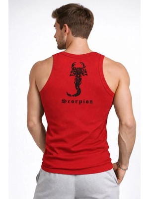 Marsilyan Erkek Fitilli Atlet Sıfır Yaka Slim Fit Arka Baskılı Spor Atlet - Kırmızı