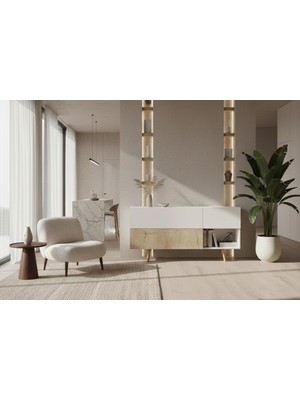 VM VERTEX MOBİLYA Bolonya Ahşap Ayaklı Modern Konsol 150  cm  Safir Meşe-Beyaz BLNYA01, One Size