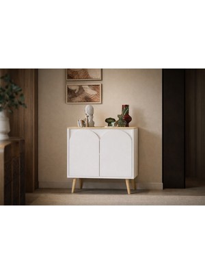 VM VERTEX MOBİLYA Venezia Ahşap Ayaklı Bohem Konsol-Çok Amaçlı Dolap-Vitrin Safir Meşe-Beyaz 76  cm