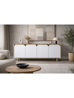 VM VERTEX MOBİLYA Lazio Bohem Ahşap Ayaklı Modern Konsol 180  cm  Safir Meşe-Beyaz