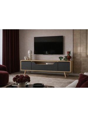 VM VERTEX MOBİLYA Roma Ahşap Ayaklı Tv Ünitesi Tv Sehpası Safir Meşe - Antrasit 150 cm