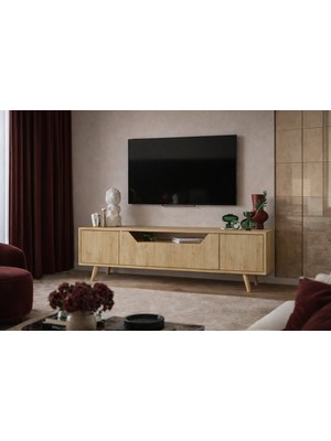 VM VERTEX MOBİLYA Roma Ahşap Ayaklı Tv Ünitesi Tv Sehpası Safir Meşe 150 cm