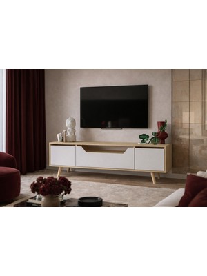 VM VERTEX MOBİLYA Roma Ahşap Ayaklı Tv Ünitesi Tv Sehpası Safir Meşe-Beyaz 150 cm