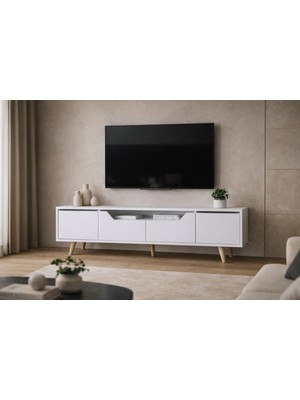 VM VERTEX MOBİLYA Roma Ahşap Ayaklı Tv Ünitesi Tv Sehpası Beyaz