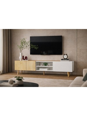VM VERTEX MOBİLYA Milano Ahşap Ayaklı Modern Tv Ünitesi 160 cm Safir Meşe - Beyaz