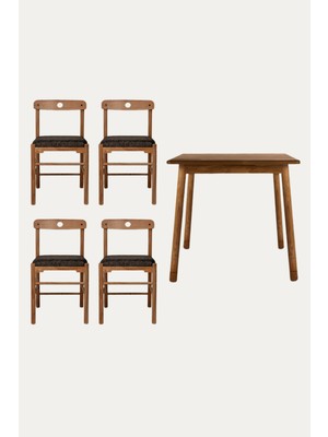 Unboxdeco 2-4 Kişilik Alaçatı Masif Ceviz Ahşap Masa Takımı, 4 Adet Sandalye Ile, Antrasit 80X80 cm