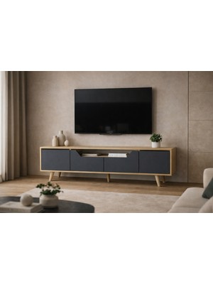 VM VERTEX MOBİLYA Roma Ahşap Ayaklı Tv Ünitesi Tv Sehpası Safir Meşe - Antrasit