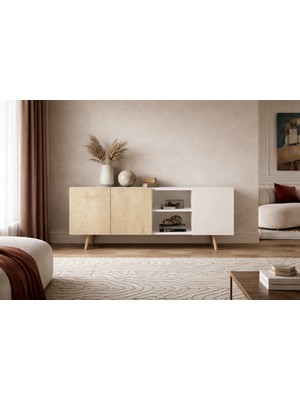 VM VERTEX MOBİLYA Milano Ahşap Ayaklı Modern Konsol 160 cm Safir Meşe - Beyaz