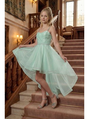 Kız Çocuk Abiye Mint Yeşili Taş Kordon Askılı Kalp Yaka  Kuyruklu  Şifon Abiye Elbise 9-16 Yaş