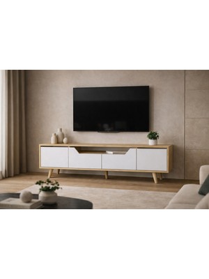 VM VERTEX MOBİLYA Roma Ahşap Ayaklı Tv Ünitesi Tv Sehpası Safir Meşe - Beyaz