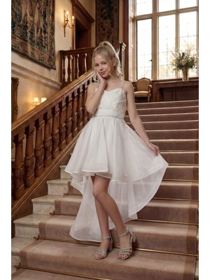 Kız Çocuk Abiye Beyaz  Taş Kordon Askılı Kalp Yaka  Kuyruklu  Şifon Abiye Elbise 9-16  Yaş