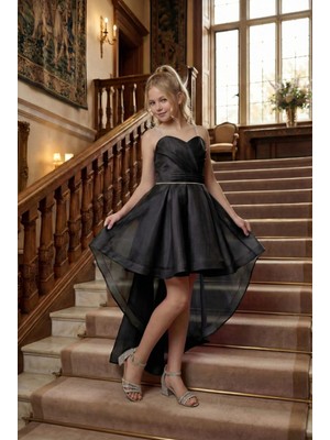 Kız Çocuk Abiye Siyah Taş Kordon Askılı Kalp Yaka  Kuyruklu  Şifon Abiye Elbise 9-16 Yaş