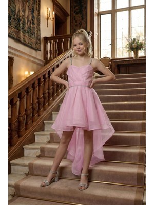 Kız Çocuk Abiye Pembe Taş Kordon Askılı Kalp Yaka  Kuyruklu  Şifon Abiye Elbise 9-16 Yaş