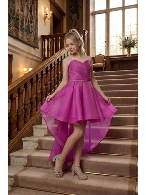 Kız Çocuk Abiye Fuşya Taş Kordon Askılı Kalp Yaka  Kuyruklu  Şifon Abiye Elbise 9-16  Yaş