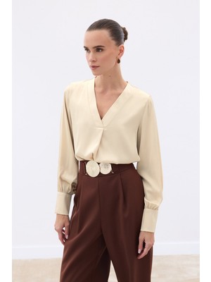 Sateen V Yaka Saten Bluz - Bej