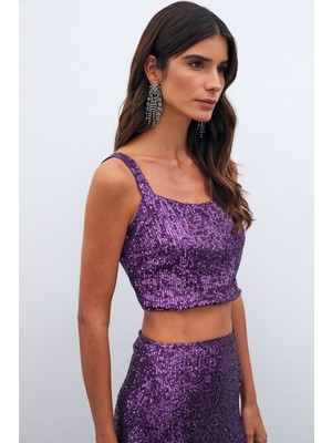 Sateen Payetli Crop Bluz - Mor