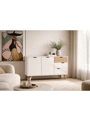 Vertex Mobilya Defne Konsol 140 cm 2 Kapak 3 Çekmece Konsol Safir Meşe - Beyaz