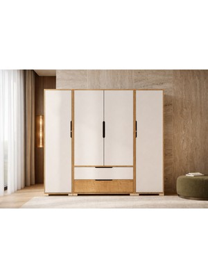 VM VERTEX MOBİLYA Vertex Mobilya Flora 4 Kapaklı 2 Çekmeceli Gardırop Beyaz Elbise Dolabı