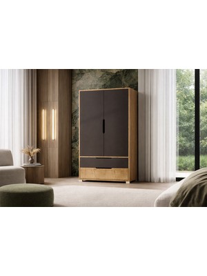 VM VERTEX MOBİLYA Vertex Mobilya Flora 2 Kapaklı 2 Çekmeceli Gardırop Safir Meşe - Antrasit Elbise Dolabı