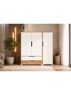 Vertex Mobilya Flora 3 Kapaklı 2 Çekmeceli Gardırop Safir Meşe - Beyaz Elbise Dolabı