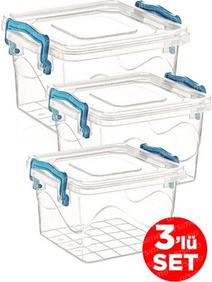 EkoAlışverişDünyam 3'lü Kare Kelepçeli Şeffaf Saklama Kabı Seti | Kapaklı Saklama Kabı Set 2.4 Lt - 1.2 Lt - 550 ML-82111 (1124)